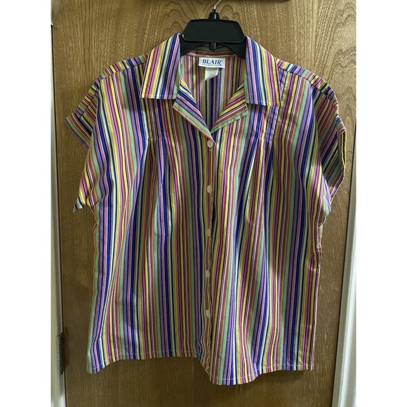 BLAIR Women's Vintage Multicolor Rainbow Striped Button Up Shirt - Size Medium - Picture 1 of 8